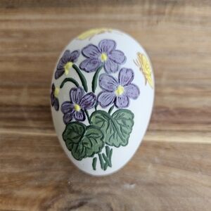 Hand Painted Egg Trinket Dish Pottery Floral Butterfly Textured Vintage Signed